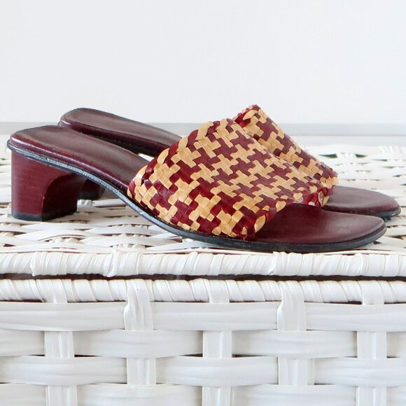 Handcrafted Burgundy Raffia Block Heel Mule Sandals Woven Boho Summer Shoes 7 - Picture 6 of 16
